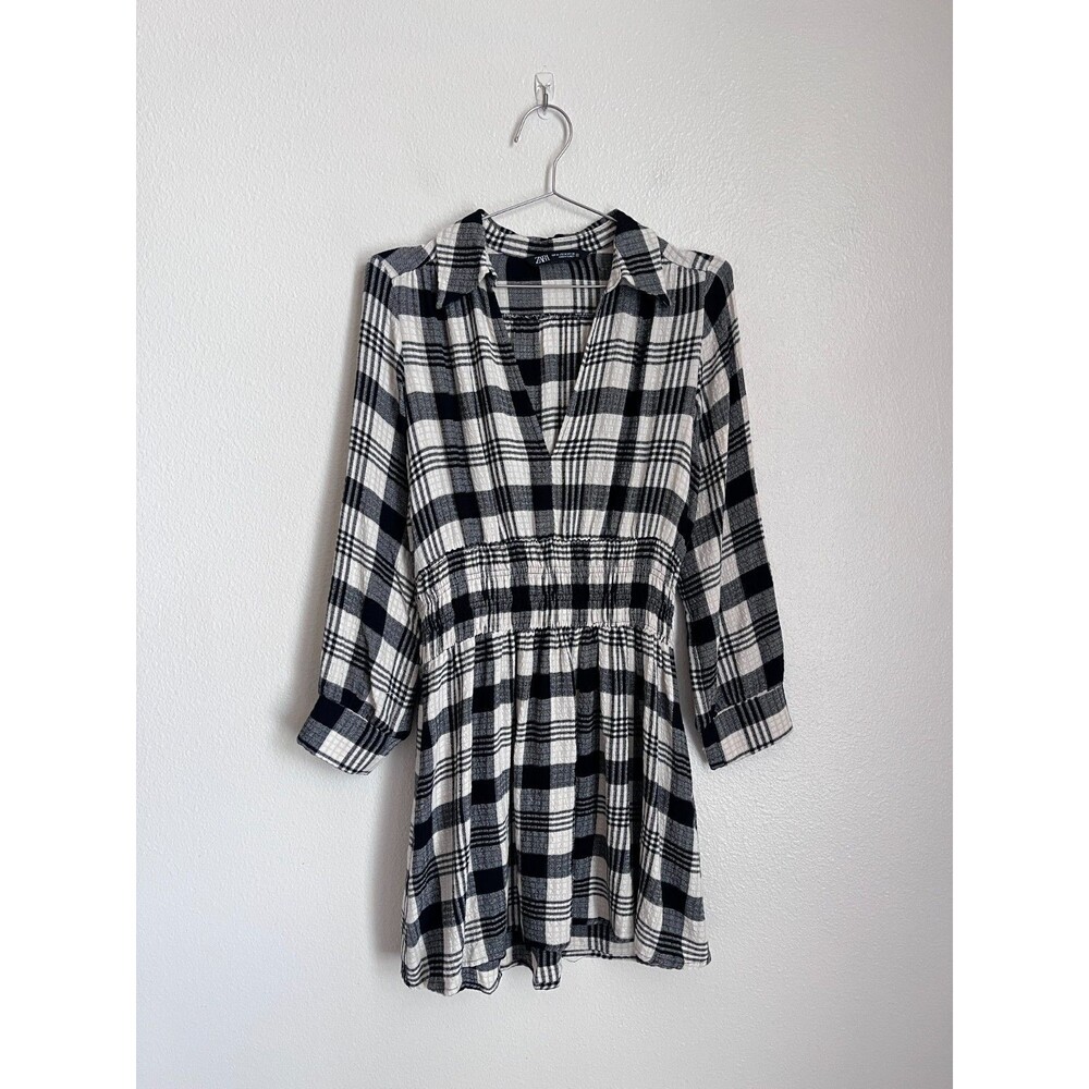 Zara Plaid Collared Smock Waist Mini Dress in Black /Ivory Size MEDIUM